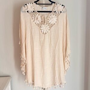 Asha Flowy Lace Crochet Swim Coverup Tassel Trim, Cream, One-Size Beach